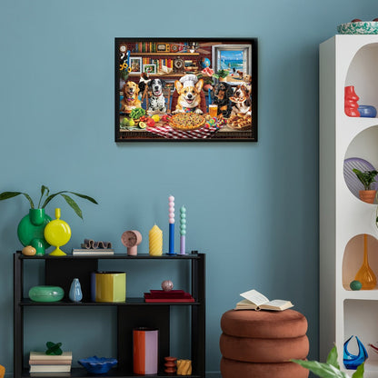 Dogs Dinner Party Jigsaw Puzzle in 500- or 1000-Piece Options with Lettered Backs and Reference Poster for Adults