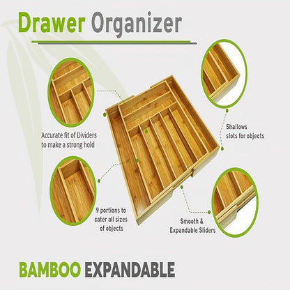 Cutlery Tray Kitchen Organizer Expandable Bamboo Drawer Divider with 5-Slot, 9-Slot or Two-Pack Options
