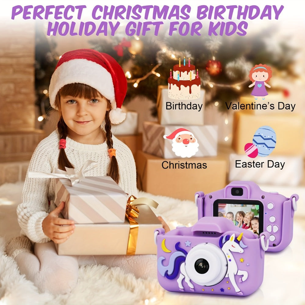 Kids Digital Camera with Rear Screen, Cartoon Unicorn or Dinosaur Shell and Pink, Purple, Blue or Green Options