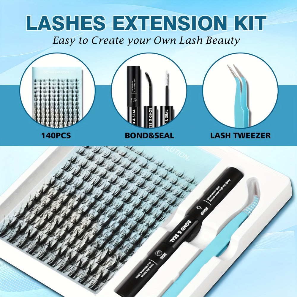 C-Curl Spike Lash Extension Kit with 140 Clusters in Mixed 8-18mm Lengths, Adhesive Tube and Curved Applicator