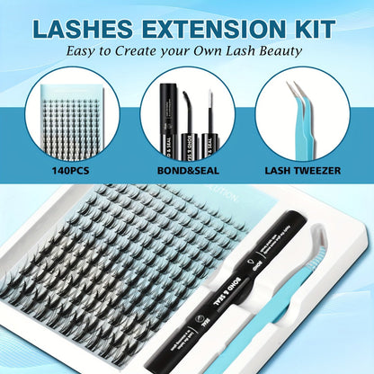 C-Curl Spike Lash Extension Kit with 140 Clusters in Mixed 8-18mm Lengths, Adhesive Tube and Curved Applicator