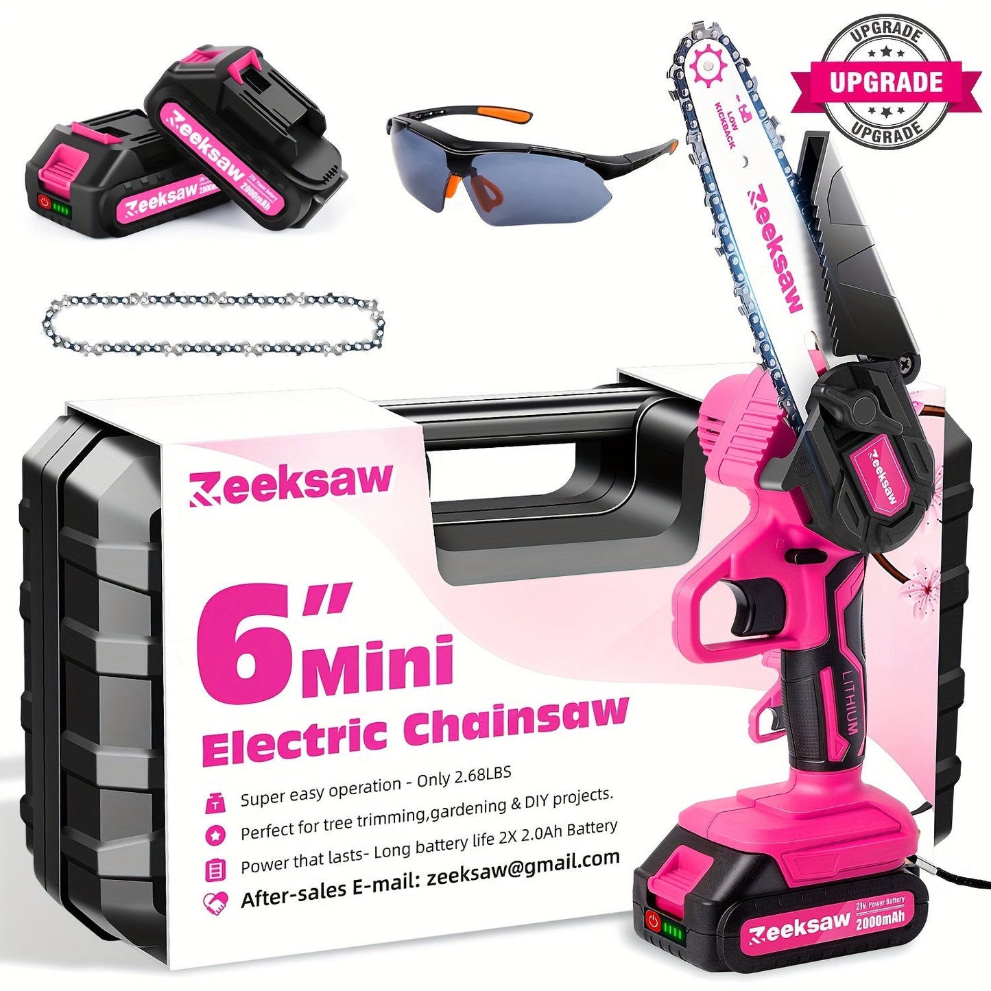 Pink 6-Inch Mini Cordless Chainsaw Kit with Two Batteries, Charger, Carry Case, Spare Chains and Clear Eyewear