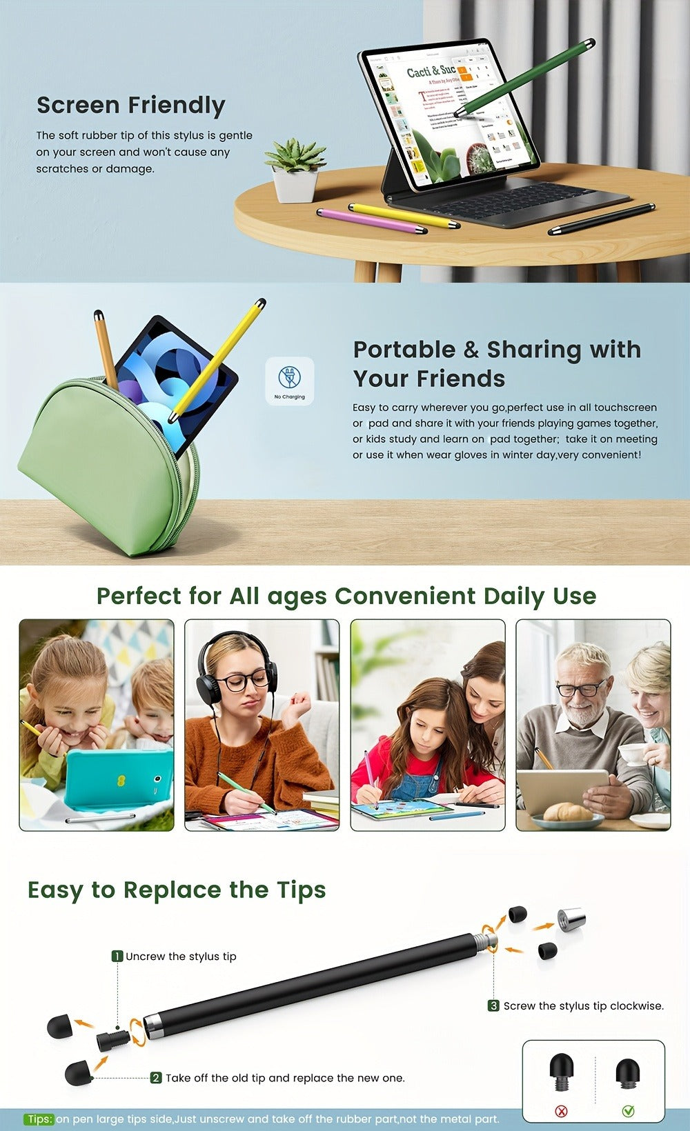 10-Piece Dual-Tip Stylus Pen Set for Capacitive Touchscreens in Three Color Assortments with Passive Design