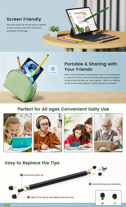 10-Piece Dual-Tip Stylus Pen Set for Capacitive Touchscreens in Three Color Assortments with Passive Design