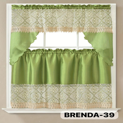 Three-Piece Patterned Kitchen Curtain Set with One Valance, Two Tiers and Forty-Six Exact Design Options
