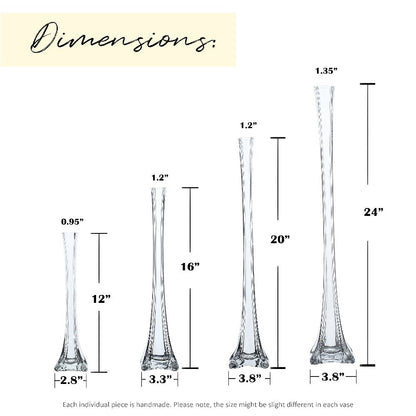 Eiffel Tower Vase Pack of 12 – Tall Glass Flower Vases for Wedding Centerpiece, Event Table Decor, Floral Arrangements & Party Decoration, Clear Black White, 12" 16" 20" 24" Sizes