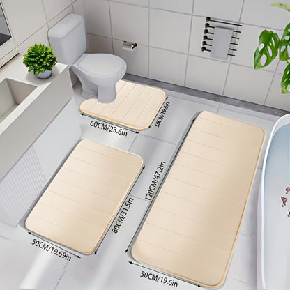 Channel-Stitched Three-Piece Padded Bath Mat Set with Long Runner and Two Matching Rugs in Nine Solid Colors