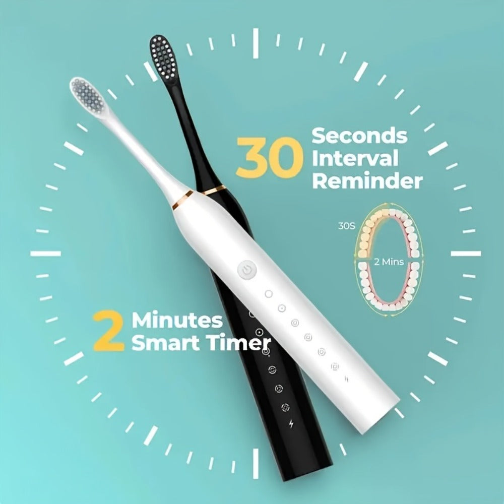 Electric Toothbrush Set with Eight Brush Heads, USB Charging, Soft Bristles and Pink, White or Black Handle
