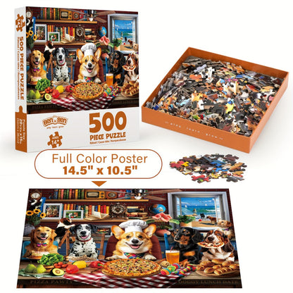Dogs Dinner Party Jigsaw Puzzle in 500- or 1000-Piece Options with Lettered Backs and Reference Poster for Adults