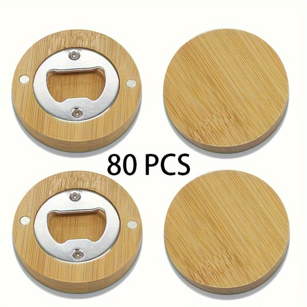 Round Bamboo Magnetic Bottle Openers in 20-, 40-, 80- or 160-Piece Packs for Party Favors and Gift Sets