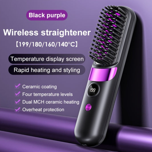 Wireless Hair Straightener Comb USB Rechargeable | Cordless Straightening Brush with Negative Ion, 3-Speed Temp Control, LED Display – Travel Hair Styler