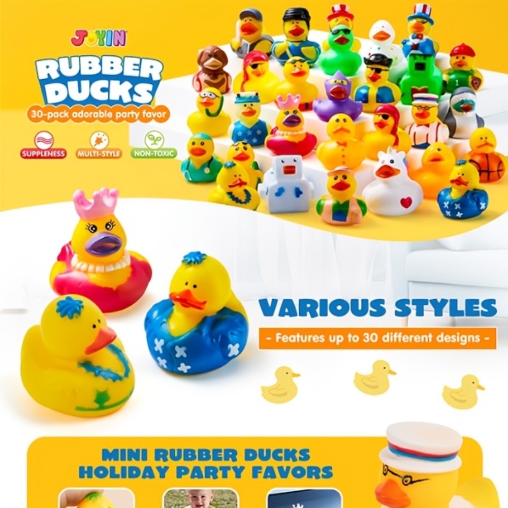 30-Piece Mini Duck Bath Toy Assortment with 2-Inch Character Designs and Mesh Storage Bag Pictured