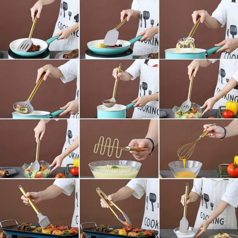 38-Piece Gold-Tone Silicone and Steel Kitchen Utensil Set with Holder, Measuring Tools and Accessories