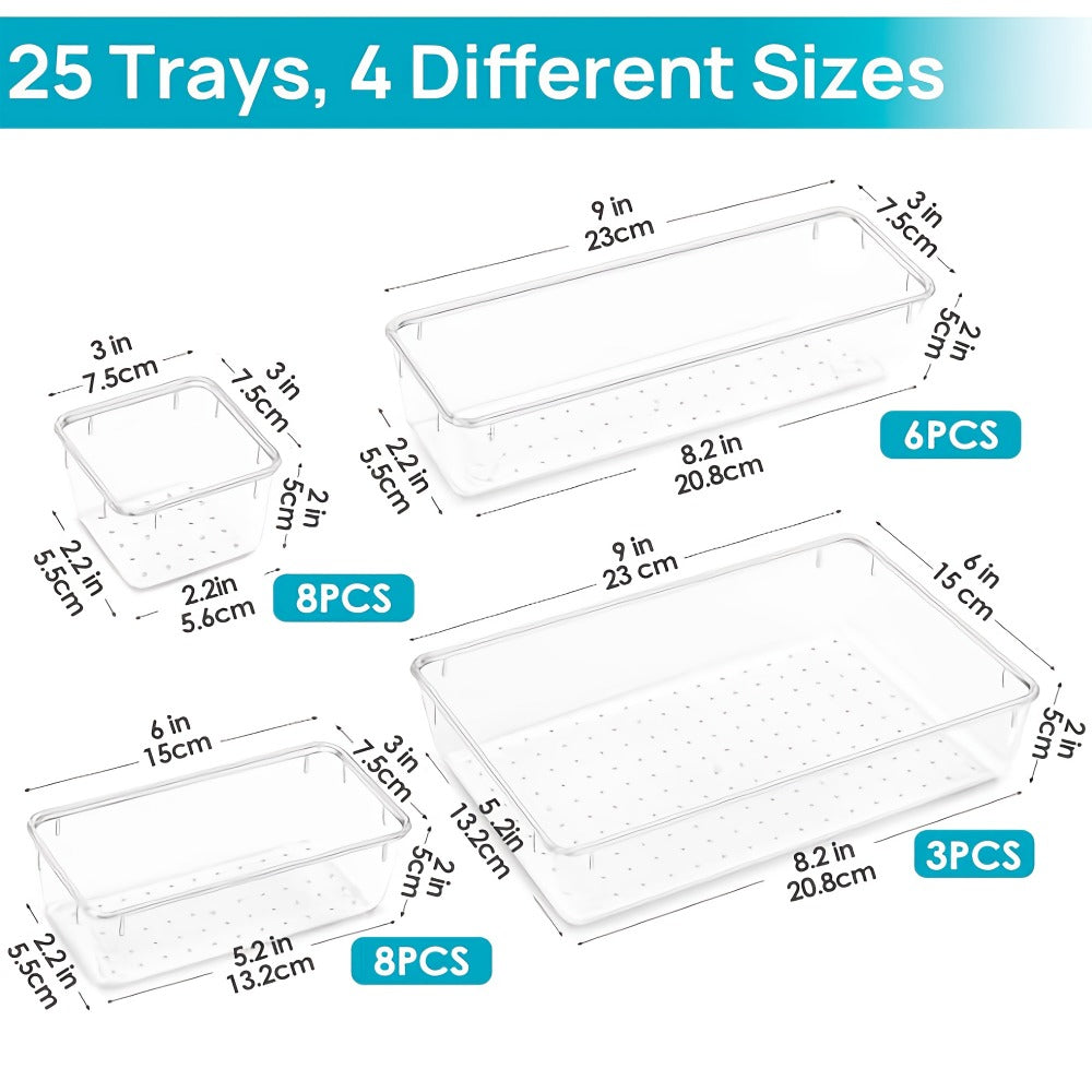 Clear Drawer Organizer Trays 25 Pack with 4 Sizes, Plastic Storage Bins for Desk Drawer Kitchen Flatware Cosmetics Dresser Under Bed Organization Dividers