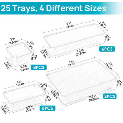 Clear Drawer Organizer Trays 25 Pack with 4 Sizes, Plastic Storage Bins for Desk Drawer Kitchen Flatware Cosmetics Dresser Under Bed Organization Dividers