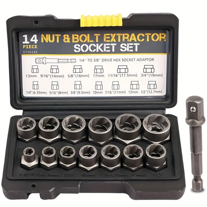 14-Piece Damaged Nut and Bolt Extractor Set with 13 Removal Sockets and 1/4- to 3/8-Inch Adapter