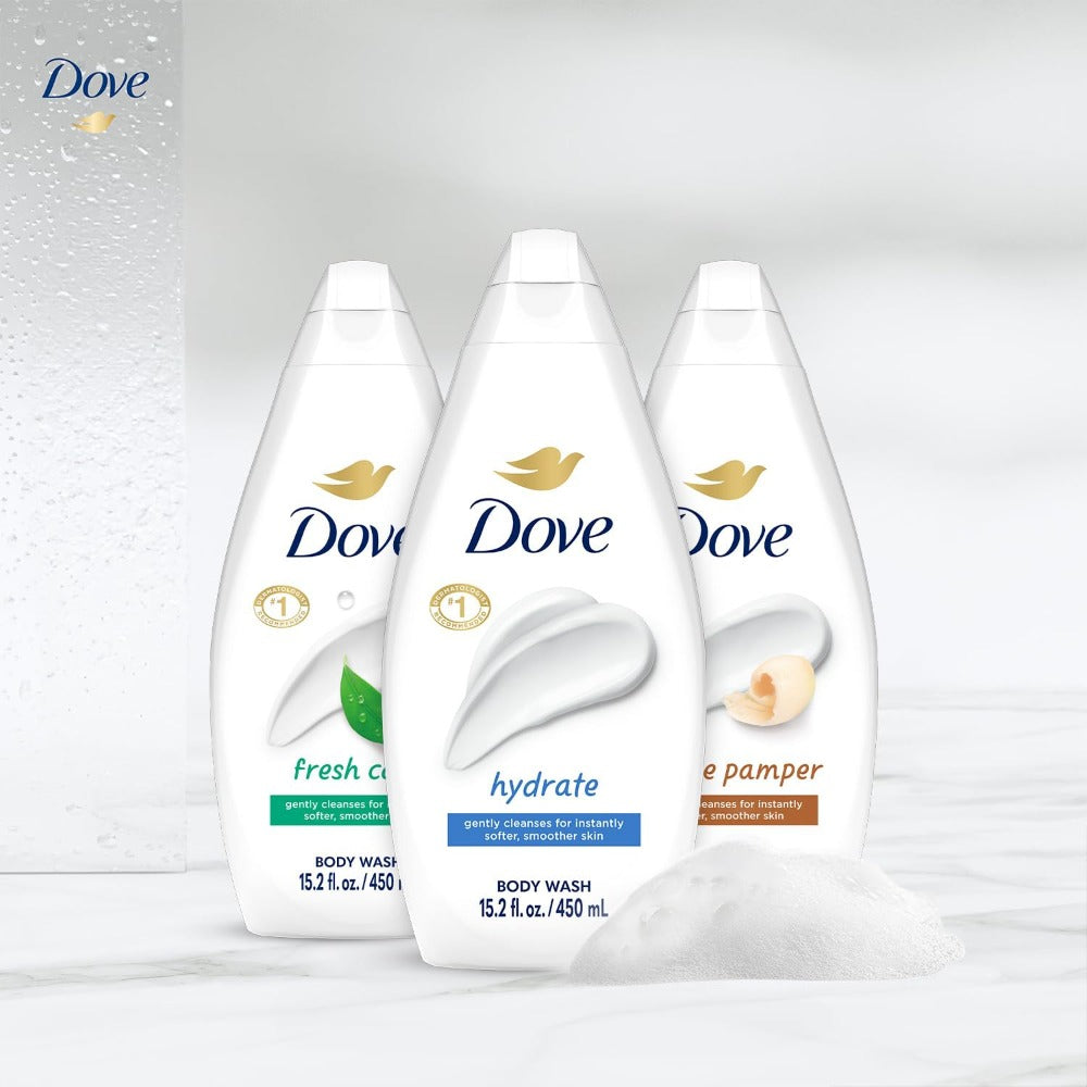Three-Pack Dove Body Wash Variety Mix with 450ml Flip-Cap Bottles and Assorted Front Labels