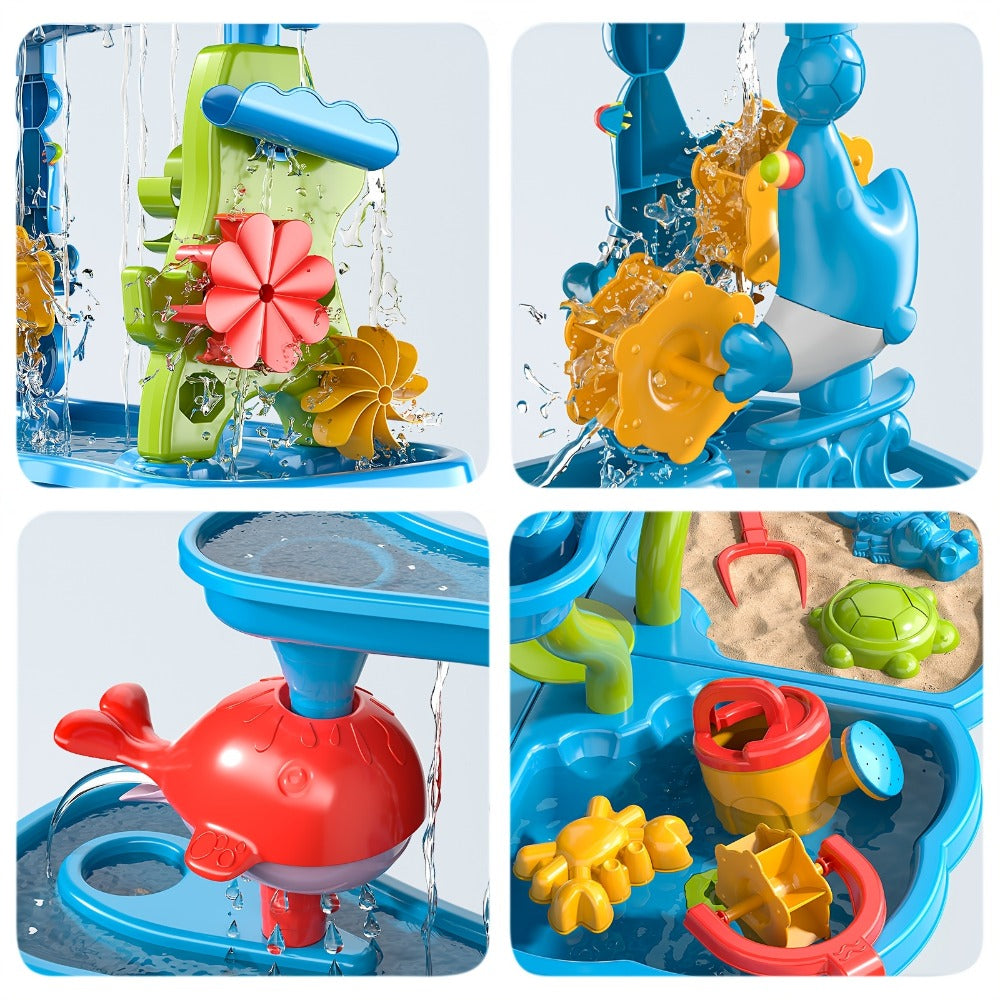 Water Play Table for Kids Double-Sided Waterfall & Beach Sand Zone – Outdoor Sensory Activity Toy for Toddlers Ages 3+, Beach Tools Included, Backyard Summer STEM Gift for Boys & Girls