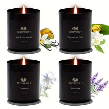 Scented Candle Gift Set 4 Candles 44oz with Crystal Stone Accents and 4 Heat-Resistant Coasters 70Hr Burn Lavender Jasmine Vanilla Amber Tuberose for Women Men Birthday Christmas Mothers Day Spa Gift
