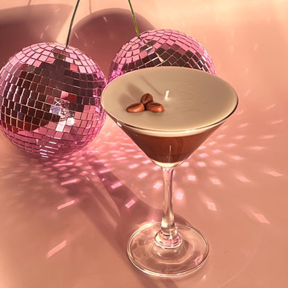 Coffee Martini Candle in Stemmed Glass with Layered Design, Coffee Bean and Glitter Details