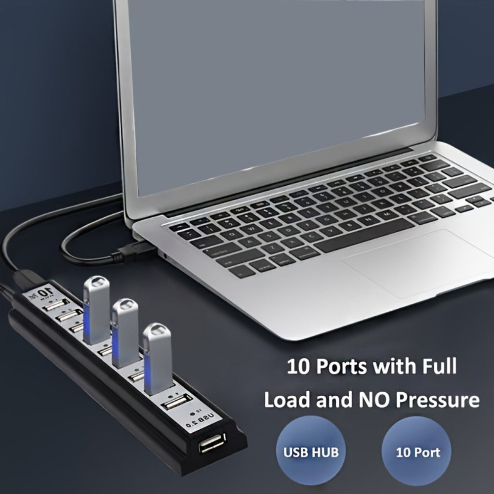 Black 10-Port USB 2.0 Hub with USB-A Host Cable, Numbered Ports and DC Power Input for Desktop Expansion
