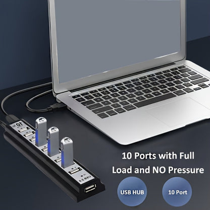 Black 10-Port USB 2.0 Hub with USB-A Host Cable, Numbered Ports and DC Power Input for Desktop Expansion