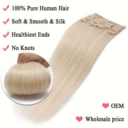 Hair Extensions Straight Remy Human Hair Clip-In Set with Eight Wefts, Highlighted Blonde Colors and 8–24-Inch Lengths