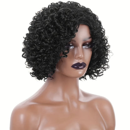 Synthetic Wig 12-Inch Short Kinky Curly Afro with Elastic Cap in Black or Mixed Brown for Daily Looks