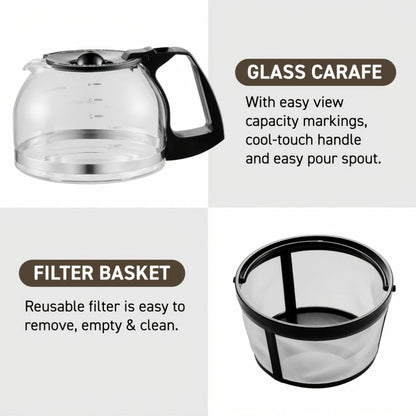 Compact Five-Cup Drip Coffee Maker with 0.75 L Water Tank, Glass Carafe and Reusable Filter