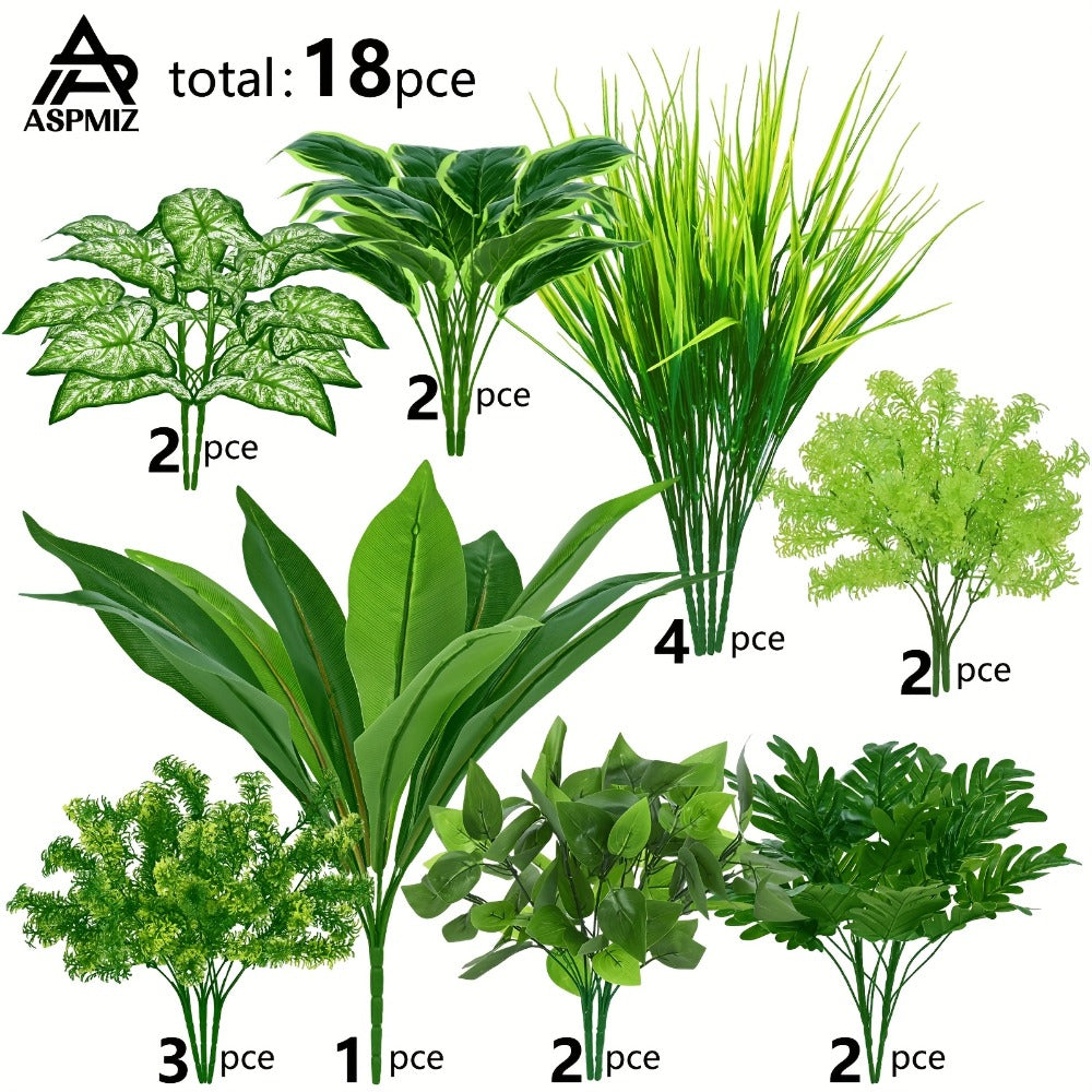 Artificial Boxwood and Greenery Stems, 18-Piece Mixed Set in 11.8 to 17.7-Inch Heights without Planter