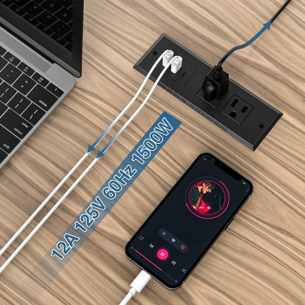 Power Strip Recessed Desk Outlet with Flush-Mount Design, USB-A, USB-C and 1.5-Meter Extension Cord
