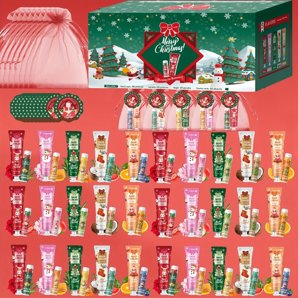 Bulk Gift Set 120 Pieces Lip Balm & Hand Cream with Red Velvet Bags & Holiday Cards — Moisturizing Party Favors for Colleagues, Employees & Friends