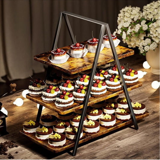 3-Tier Wooden Cupcake Stand – Holds 50 Cupcakes, Dessert Display Rack for Wedding, Birthday Party & Halloween, Rustic Wood Cake Stand in Black, White & Brown