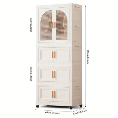 Portable Folding Wardrobe Cabinet with Caster Wheels, Hanging Section and Two Exact Layer Options