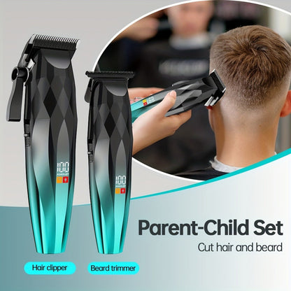 Hair Clipper and Beard Trimmer Cordless Two-Piece Set with 14 Guide Combs, Ceramic Blades and Three Colors