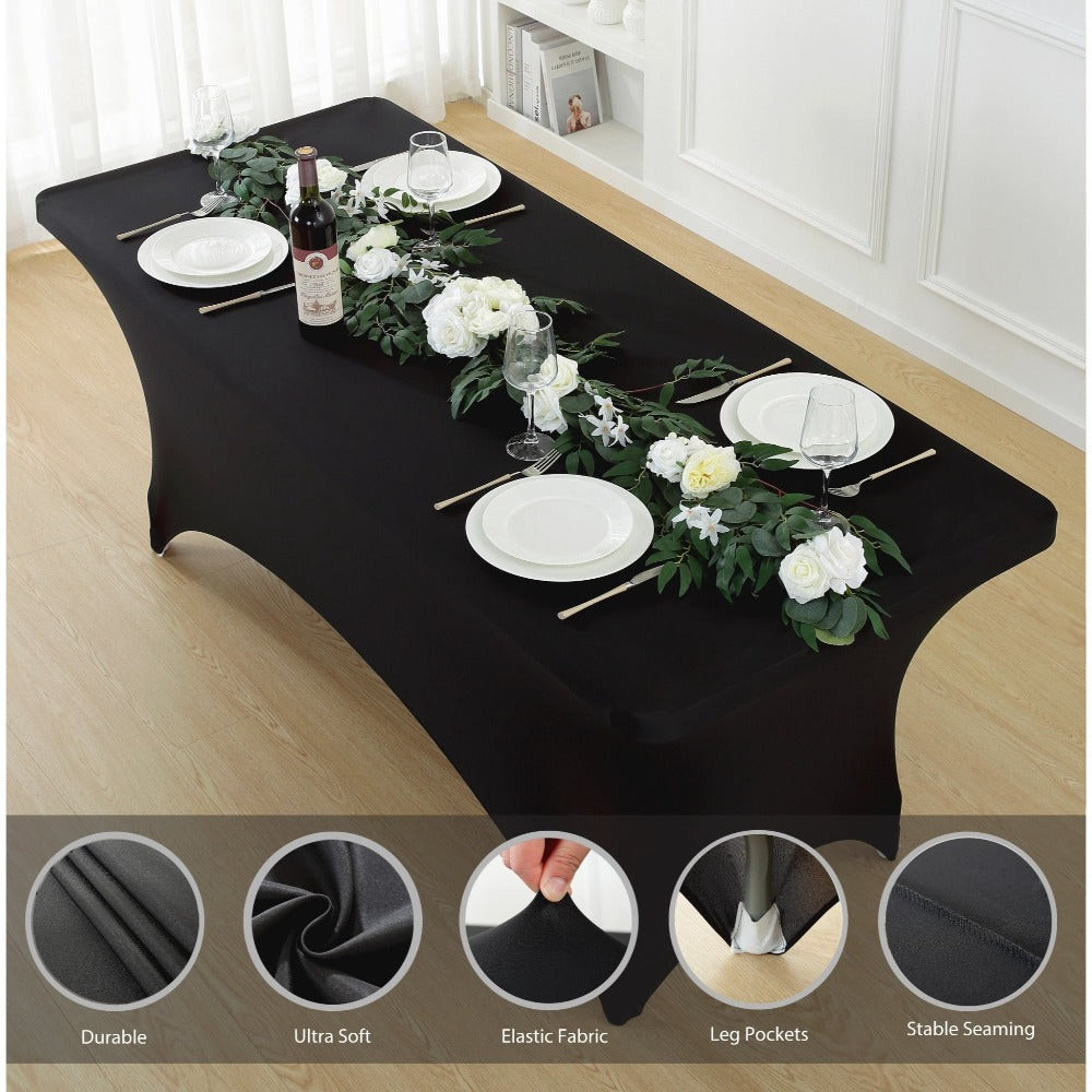 Tablecloth Fitted Stretch Cover Set for 4, 6 or 8-Foot Rectangle Tables in 3 or 5-Piece Packs