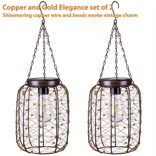 Solar Hanging Lanterns 2 Pack Outdoor Vintage Copper Wire LED Lantern Lights for Garden Patio Porch Gazebo Pergola Pathway Yard Decor, Waterproof