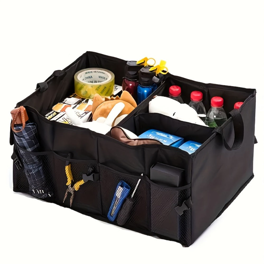 Foldable Car Trunk Organizer with Adjustable Straps – Collapsible Nylon Storage Box for Car Rear Seat & Trunk, Lightweight Car Interior Organizer, Black