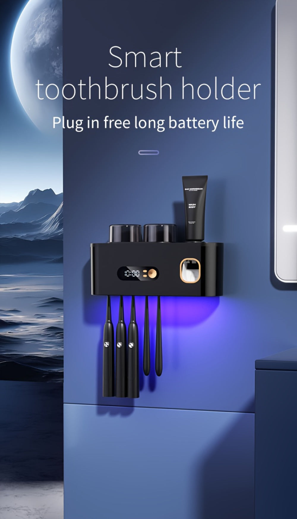 Five-Slot Wall-Mounted Toothbrush Holder with Two Cups, Toothpaste Dispenser and Digital Display