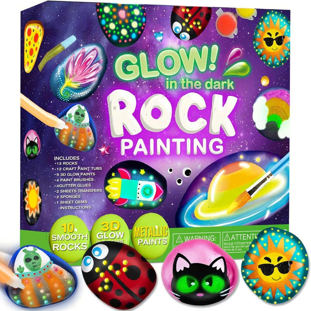 Stone Painting Set Glow in the Dark for Kids – Graffiti Puzzle Outdoor Art Craft Activity Kit Non-Toxic Screen-Free Creative Birthday Party Gift for Boys Girls Ages 5+
