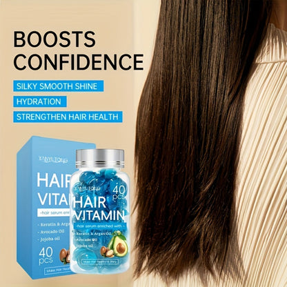 Hair Oil Capsules 40pcs — Keratin Hair Vitamin Essence with Moroccan Argan Oil, Avocado Oil & Jojoba Oil | No-Rinse Deep Nourishing & Smoothing Treatment for Frizz Control & Shine | All Hair Types