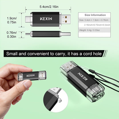 USB Flash Drive KEXIN 2-in-1 USB 2.0 and Type-C Rotating Memory Stick in 32GB, 64GB or 128GB