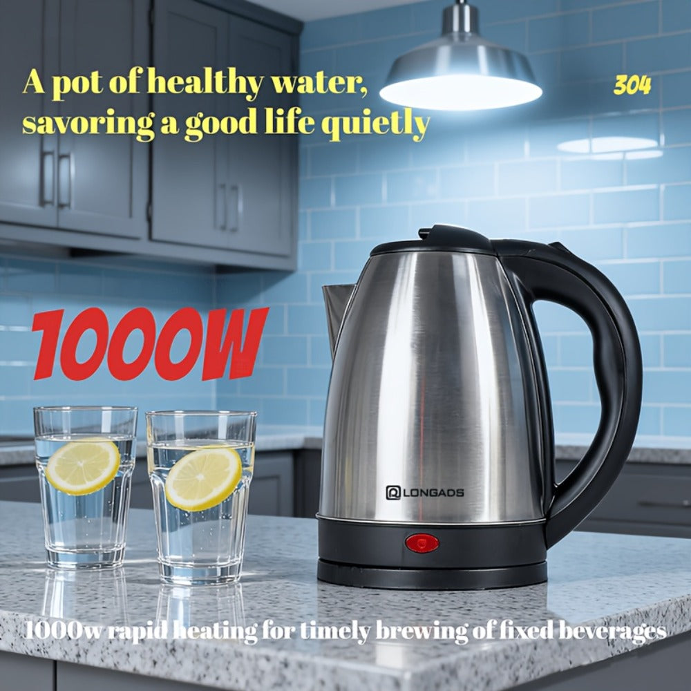 Electric Kettle by LONGADS, 2L 1000W Stainless Steel Body with Seamless Interior and Black Trim