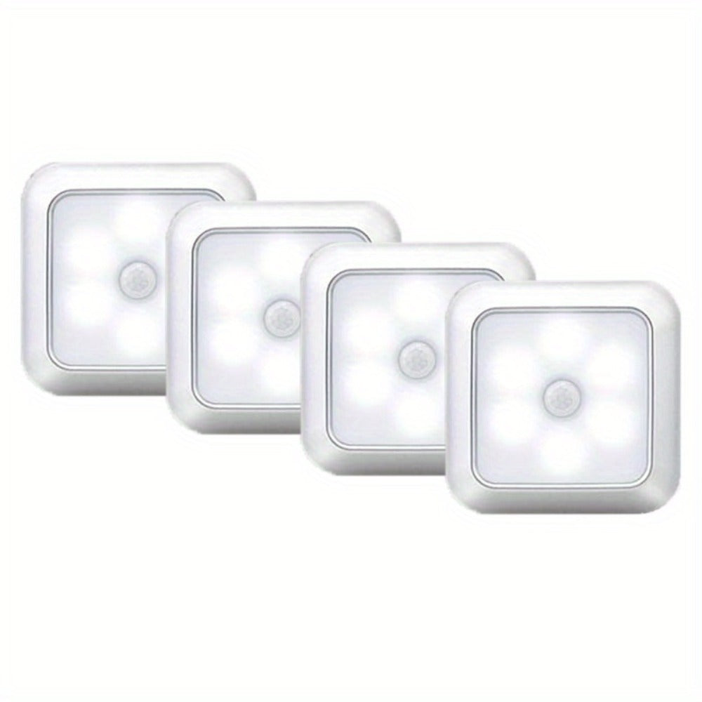Four-Piece 8cm Square Battery Night Light Set with Motion Sensors and Cool-Light Checkout for Hallways