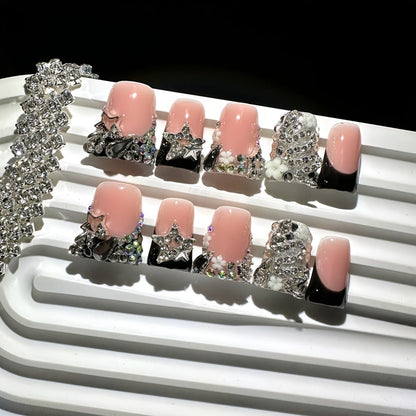 Press On Nails 10-Piece Short Duckbill Set with Black French Tips, Snake, Stars and Self-Adhesive Gel Tabs