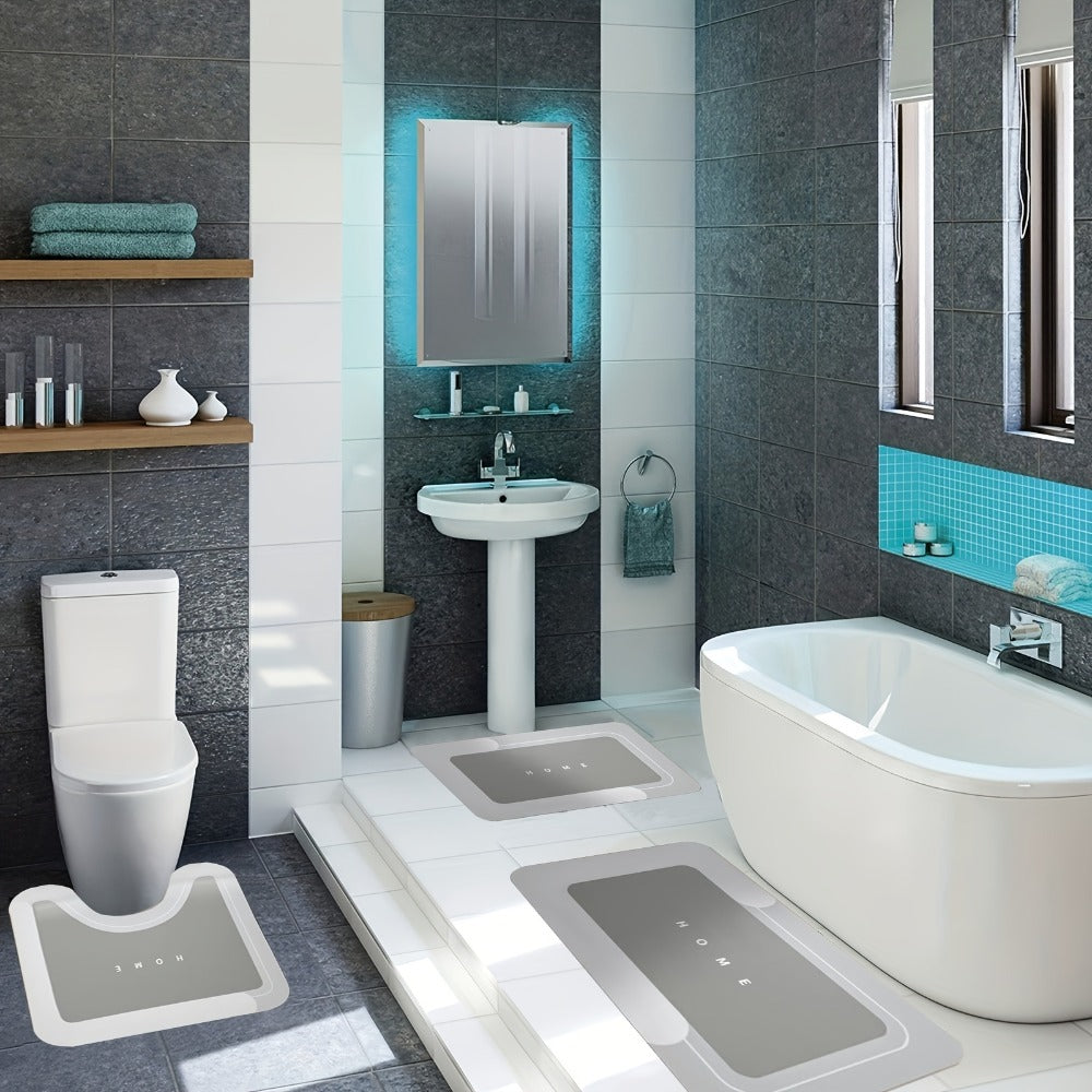 Three-Piece Bathroom Mat Set in Blue, Coffee or Gray with Toilet and Shower-Area Rug Pieces