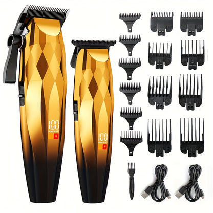 Hair Clipper and Beard Trimmer Cordless Two-Piece Set with 14 Guide Combs, Ceramic Blades and Three Colors