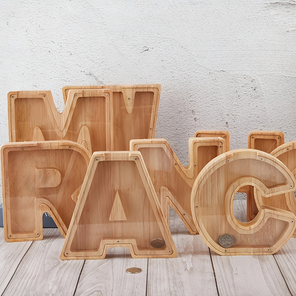 Wooden Alphabet Letter Coin Bank with Clear Front Panel, Top Slot and Eight Initial Options for Home Decor