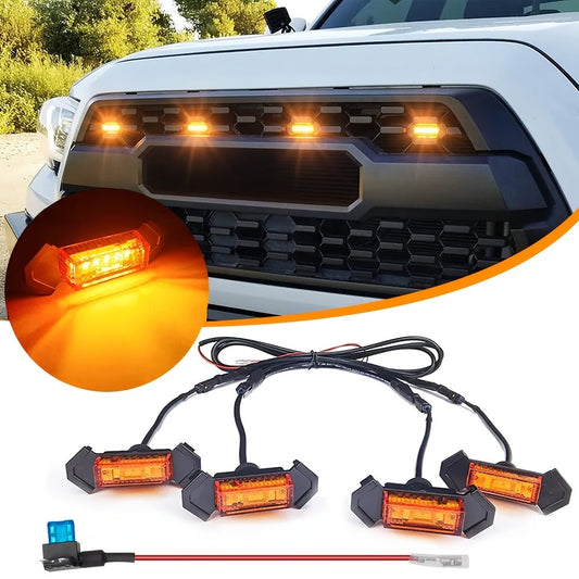 Grille LED Lights 4pcs - Amber Yellow 12V Front Grille Decorative Lights, Black Shell, Universal Fit for Toyota, Pickup Trucks & Off-Road Vehicles