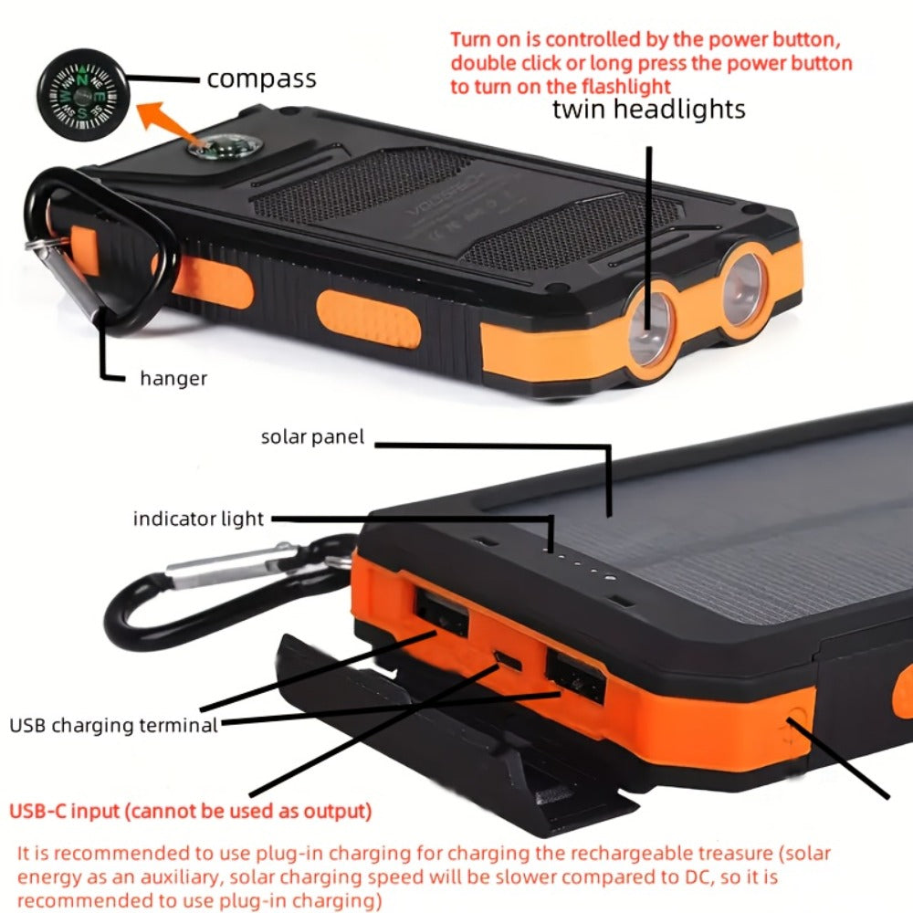 Solar Power Bank, 10000mAh USB Charger with Solar Panel, LED Flashlight, Compass, Data Cable and Backpack Hook